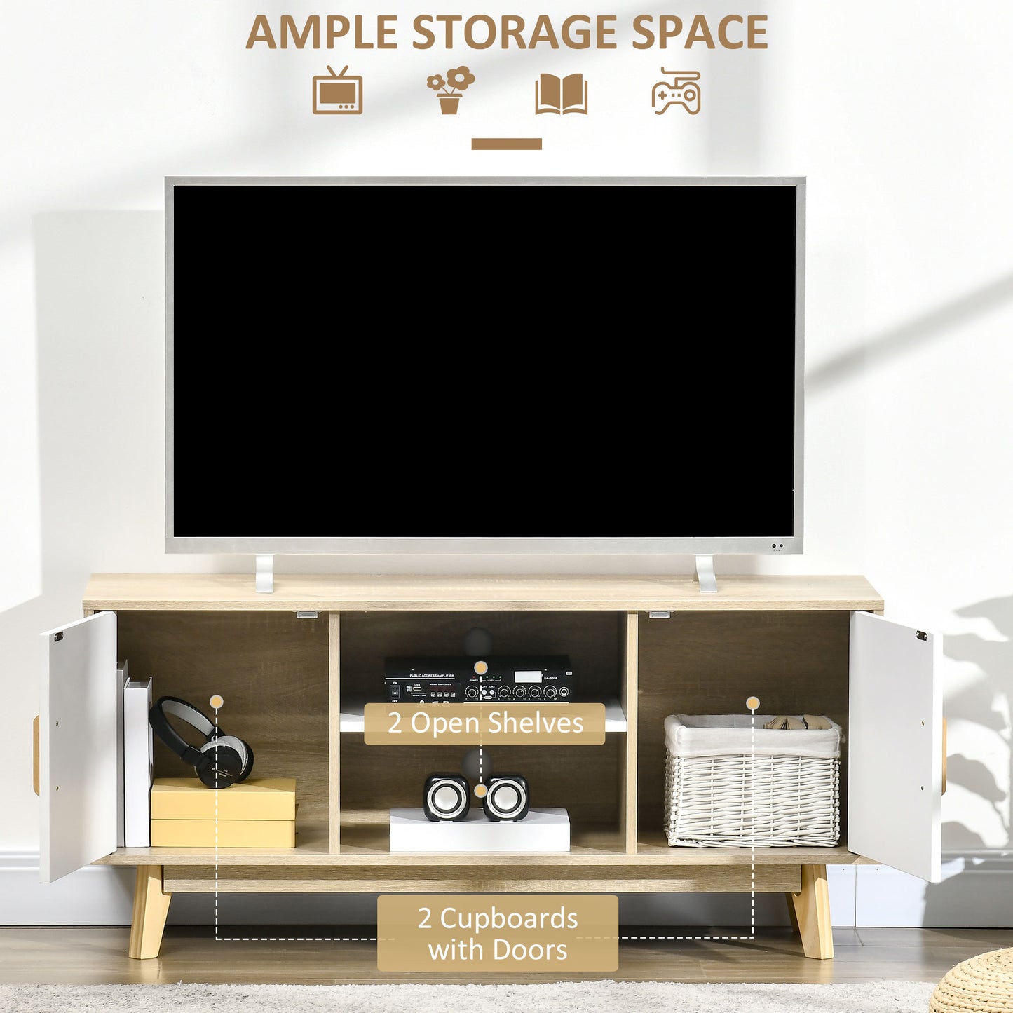 Modern TV Cabinet, TV Stand with Storage Shelves and Doors for 55" TVs for Living Room, Bedroom, Natural