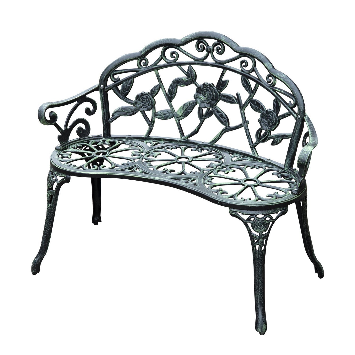 Outsunny 40" Outdoor Garden Bench, Cast Aluminum Antique Rose Style Patio Garden Park Loveseat Bench, Green