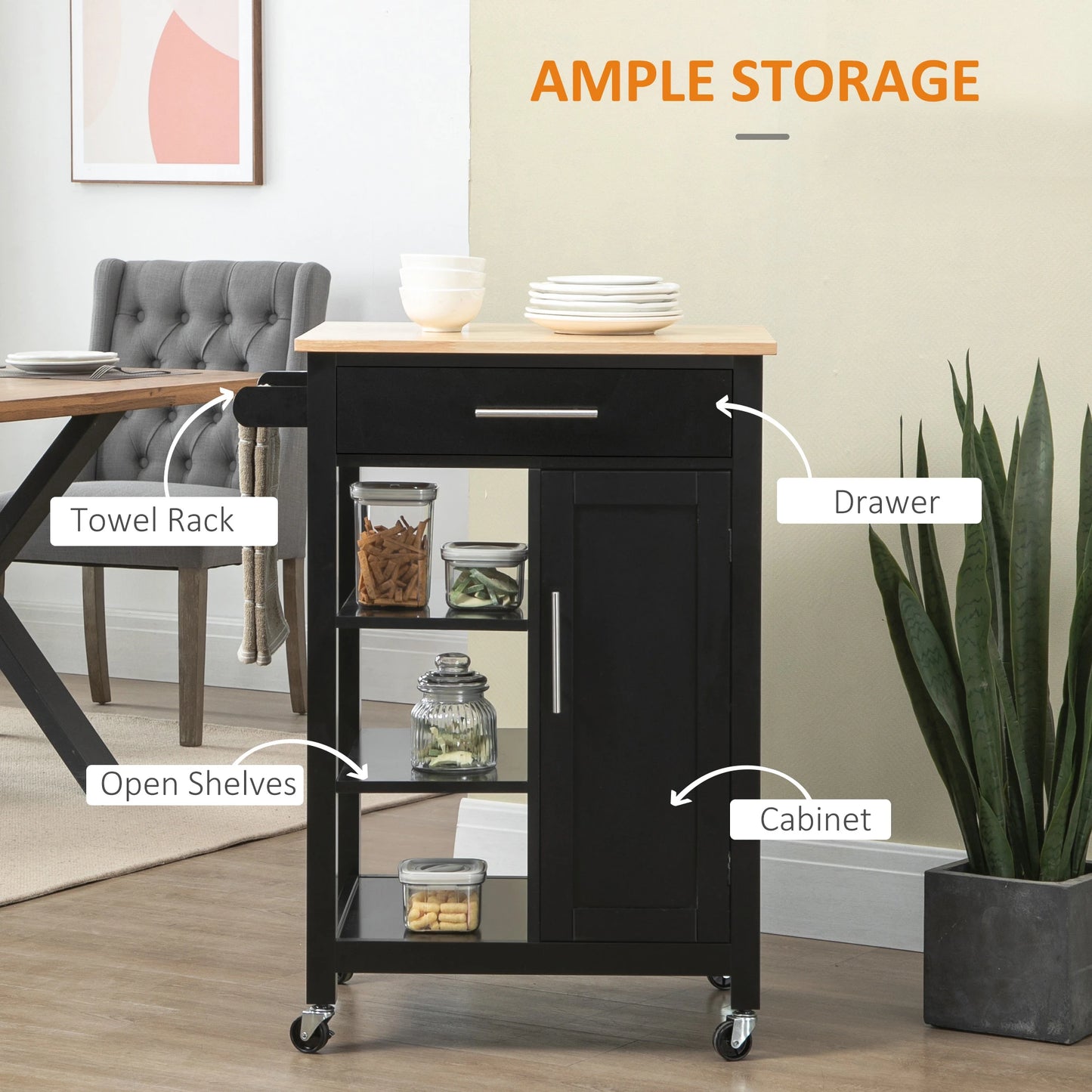 Kitchen Island, Compact Kitchen Cart on Wheels with Open Shelf & Storage Drawer for Dining Room, Kitchen, Black