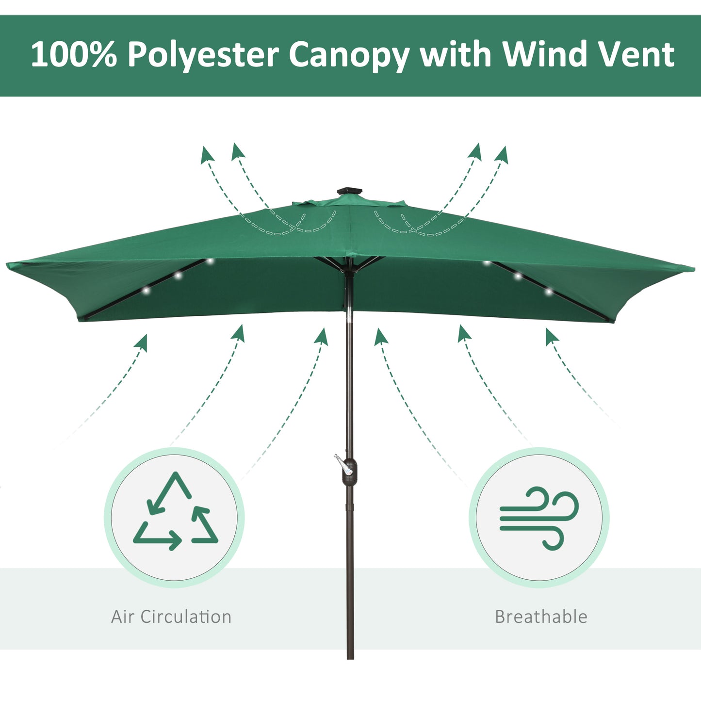 Outsunny 6.5x10ft Patio Umbrella Rectangle Solar Powered Tilt Aluminum Outdoor Market Parasol with LEDs Crank (Dark Green)