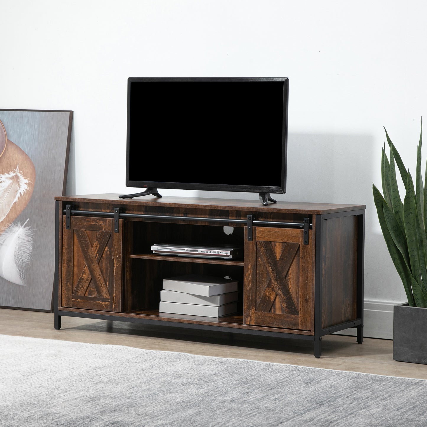 Industrial TV Stand for TVs up to 60", TV Console with Storage and 2 Sliding Barn Doors, Freestanding Entertainment Unit for Living Room, Brown