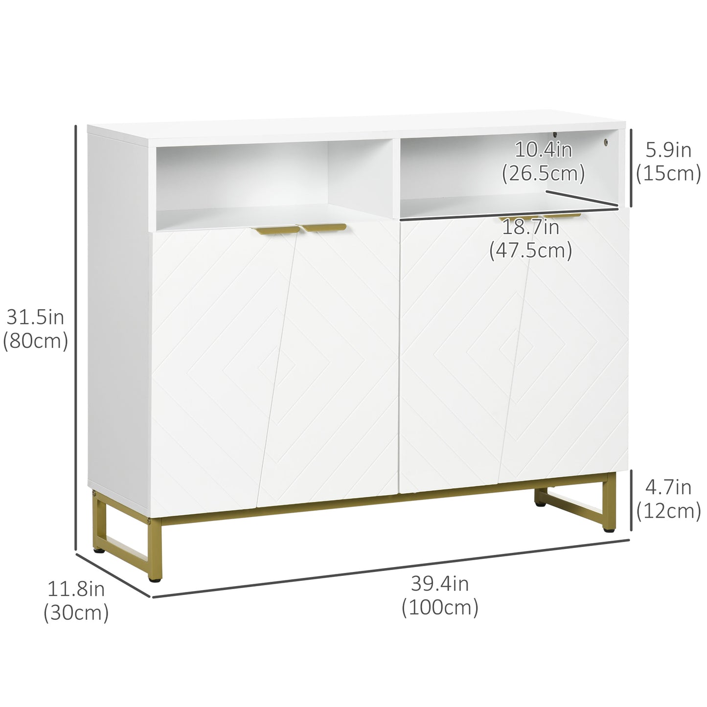 Accent Sideboards, Kitchen Storage Cabinet with 4 Doors, Adjustable Shelves, Metal Base for Living Room, Hallway, White