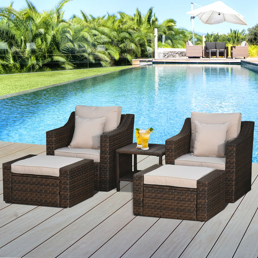 Outsunny 5-Piece Patio Rattan Wicker Conversation Set Outdoor Furniture with 2 Cushioned Armchair, 2 Ottomans and Coffee Table, Beige