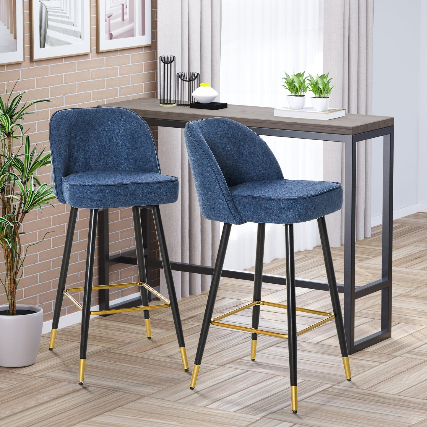 Set of 2 Mid-Back Upholstered Barstools Fabric Bar Chairs with Gold-Capped Steel Legs, Backrest and Footrest, Blue