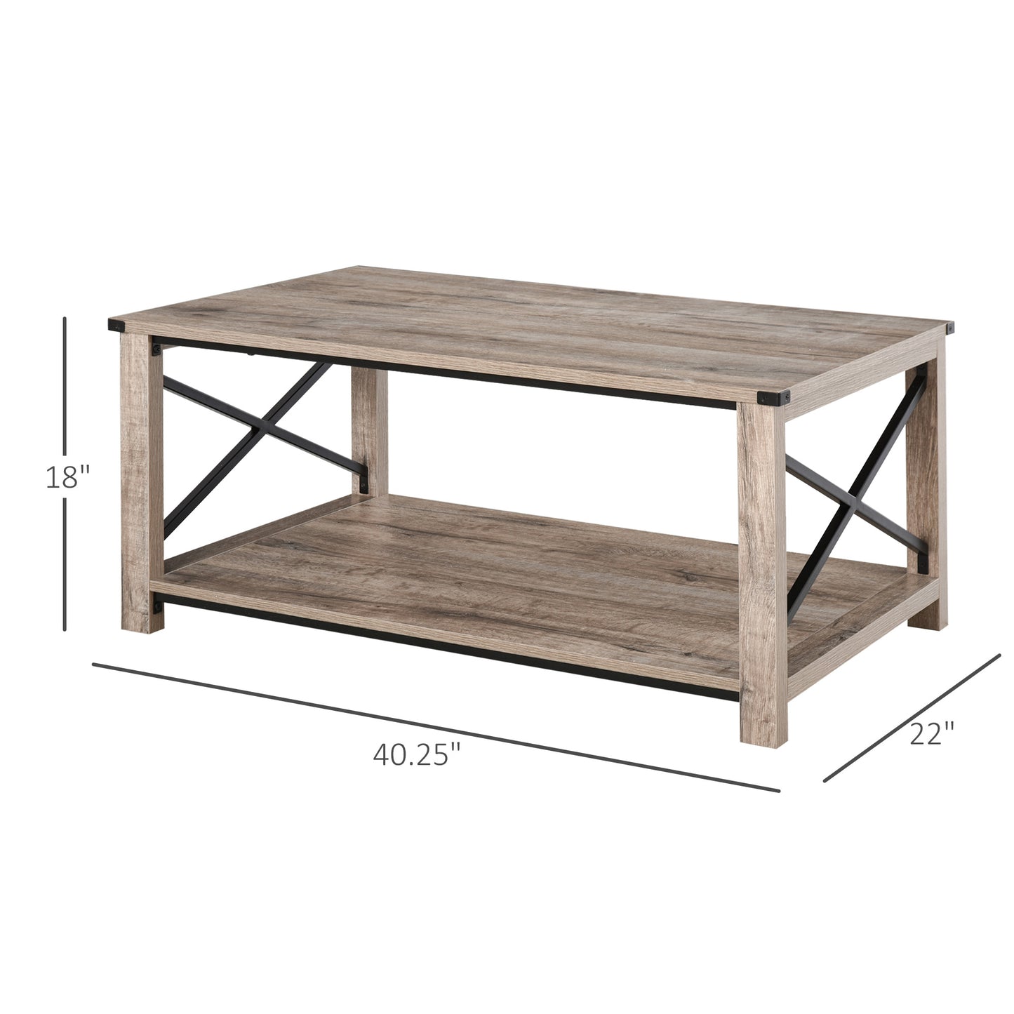 Industrial Coffee Table, Cocktail Table with Bottom Storage Shelf, Metal X-Bar for Living Room Bedroom