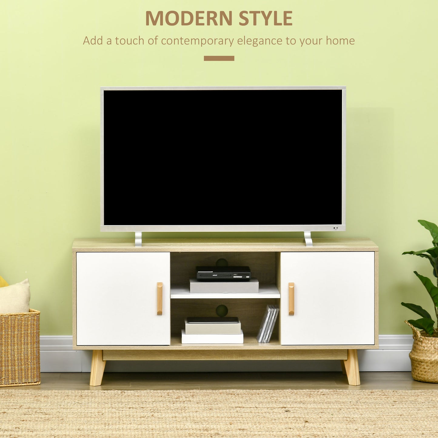 Modern TV Cabinet, TV Stand with Storage Shelves and Doors for 55" TVs for Living Room, Bedroom, Natural