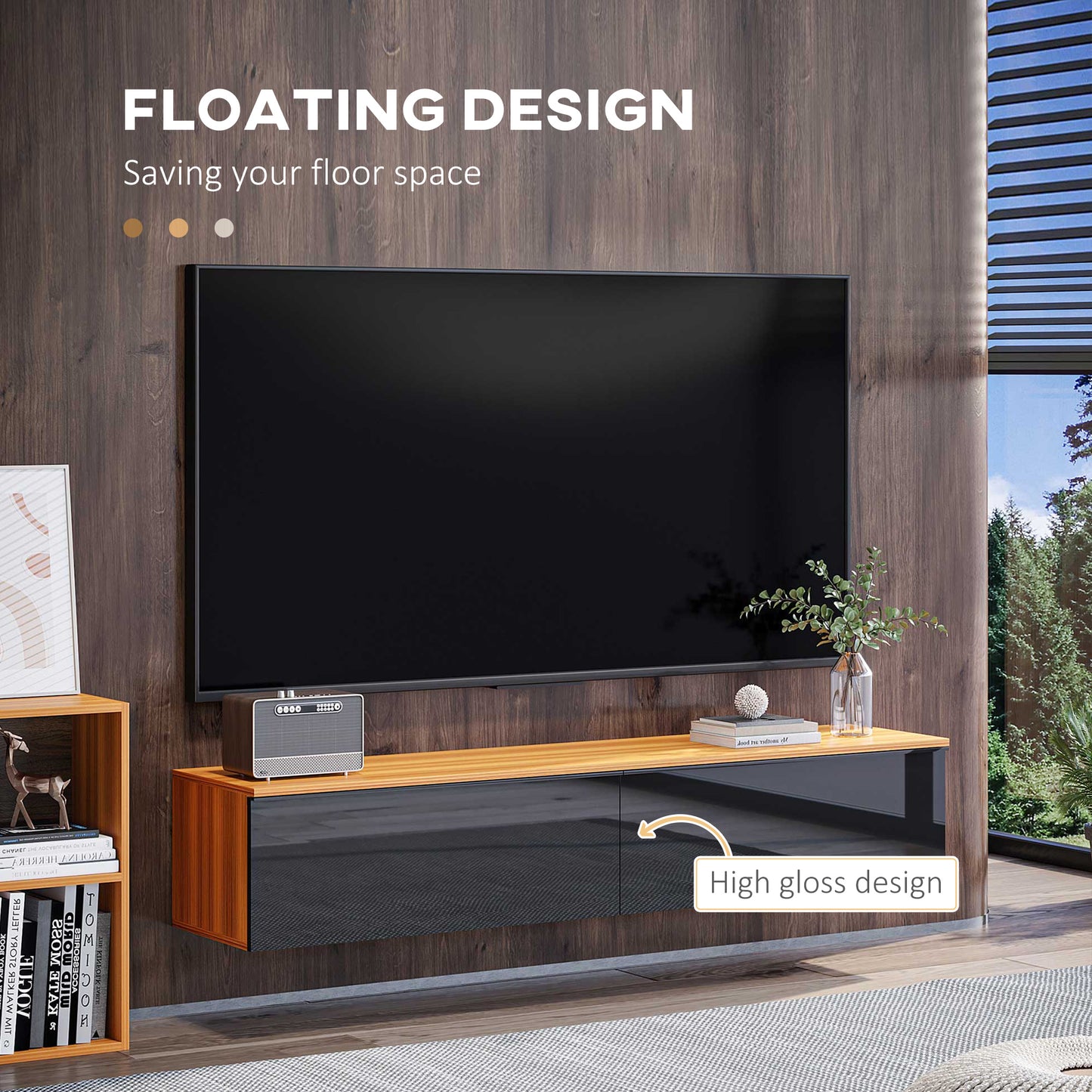 Floating TV Stand Cabinet for TVs up to 70" with High Gloss Effect, Wall Mounted Entertainment Unit with Storage Cupboards, Brown and Black