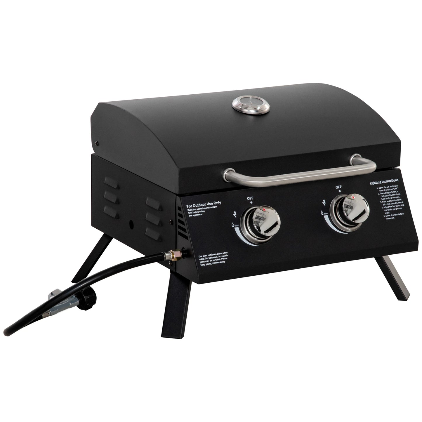 Outsunny 2 Burner Propane Gas Grill Outdoor Portable Tabletop BBQ with Foldable Legs w/ Lid, Thermometer for Camping, Picnic, Backyard, Black