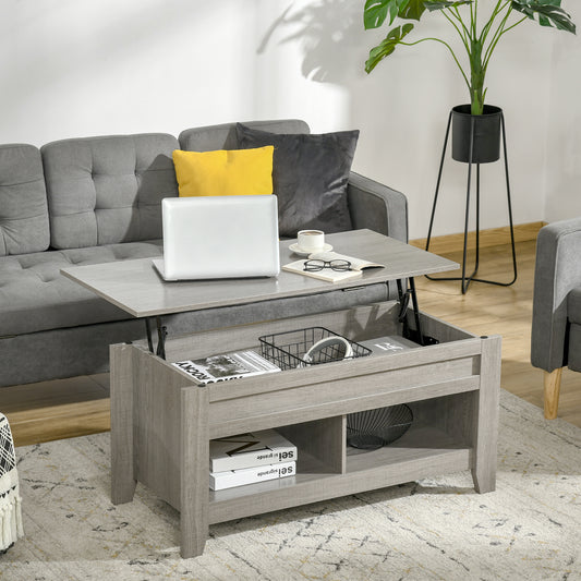 Coffee Table with Hidden Storage Compartment and Open Shelves, Lift Tabletop Pop-Up Center Table for Living Room, Light Grey