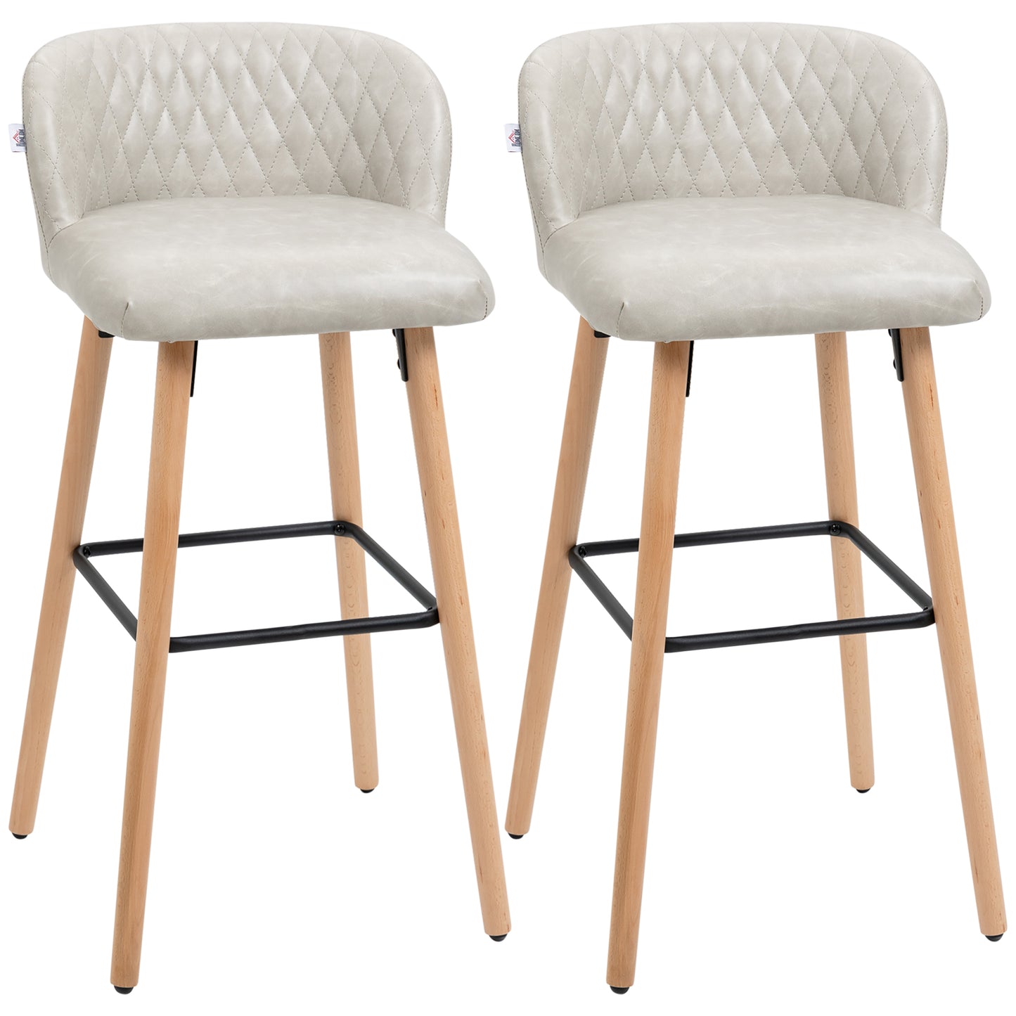 Bar Stool Set of 2 PU Leather Padded Counter Height Bar Stools with Footrest and Adjustable Feet for Home Kitchen White