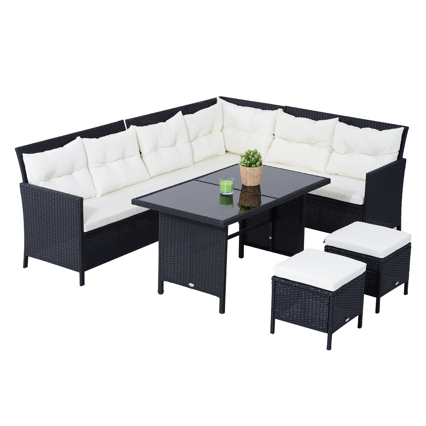 Outsunny 6 Pieces Patio Dining Set Wicker Outdoor Furniture Set Garden Rattan Sofa Set Outdoor Sectional Couch with Cushions, Dining Table and Ottomans, White