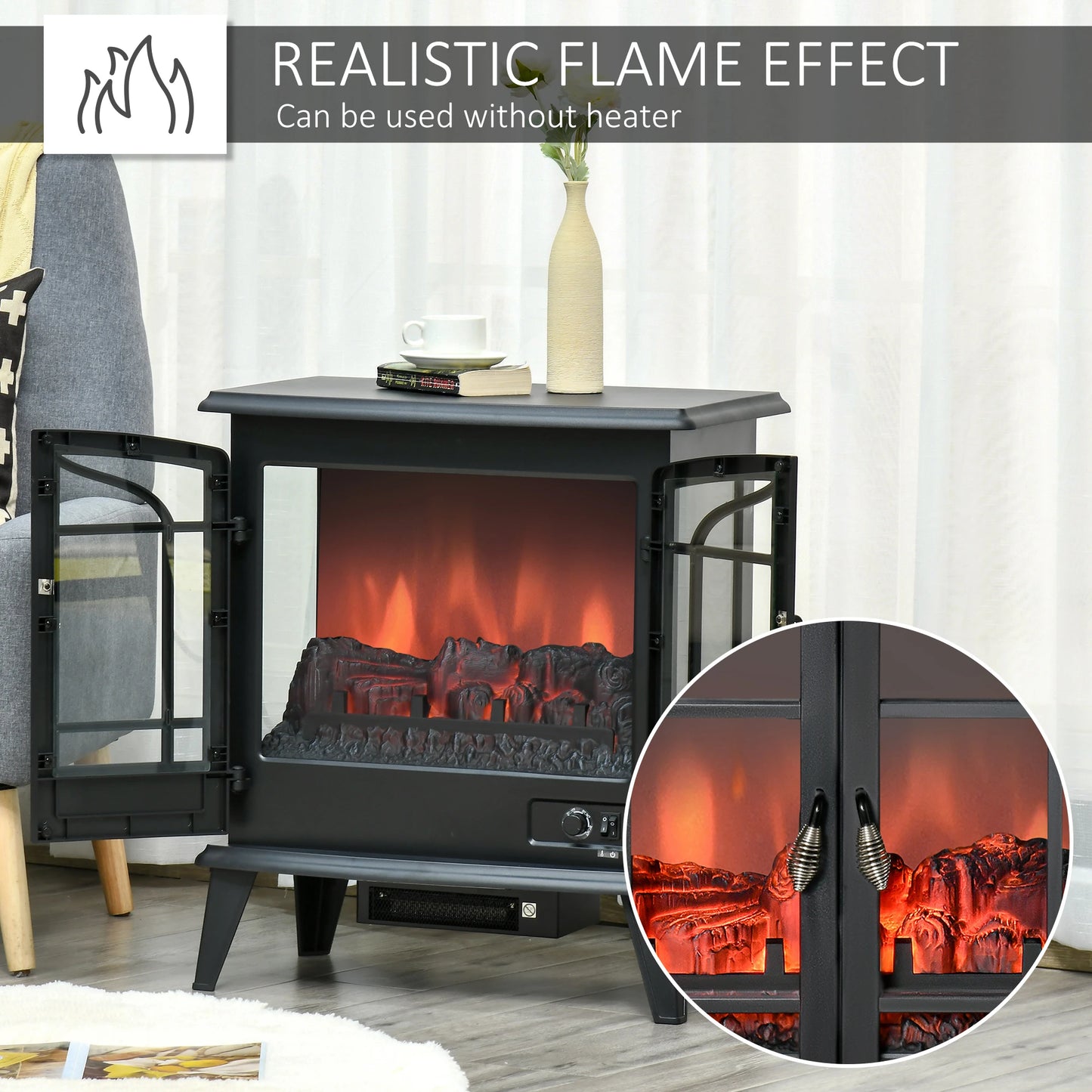 Electric Fireplace Stove, Freestanding Indoor Heater with Realistic Flame Effect, Adjustable Temperature and Overheat Protection, Black