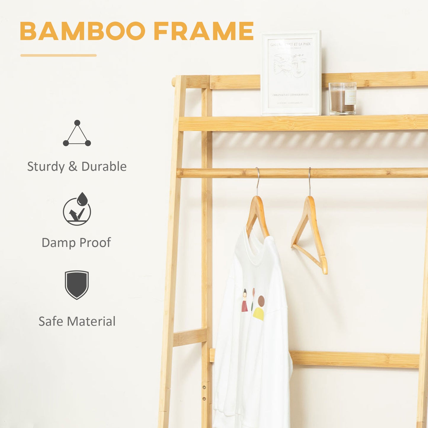 Bamboo Garment Rack, Freestanding Wooden Clothing Rack with 3 Tier Storage Shelves, Hooks and Hanging Rail for Entryway, Bedroom and Office, Natural