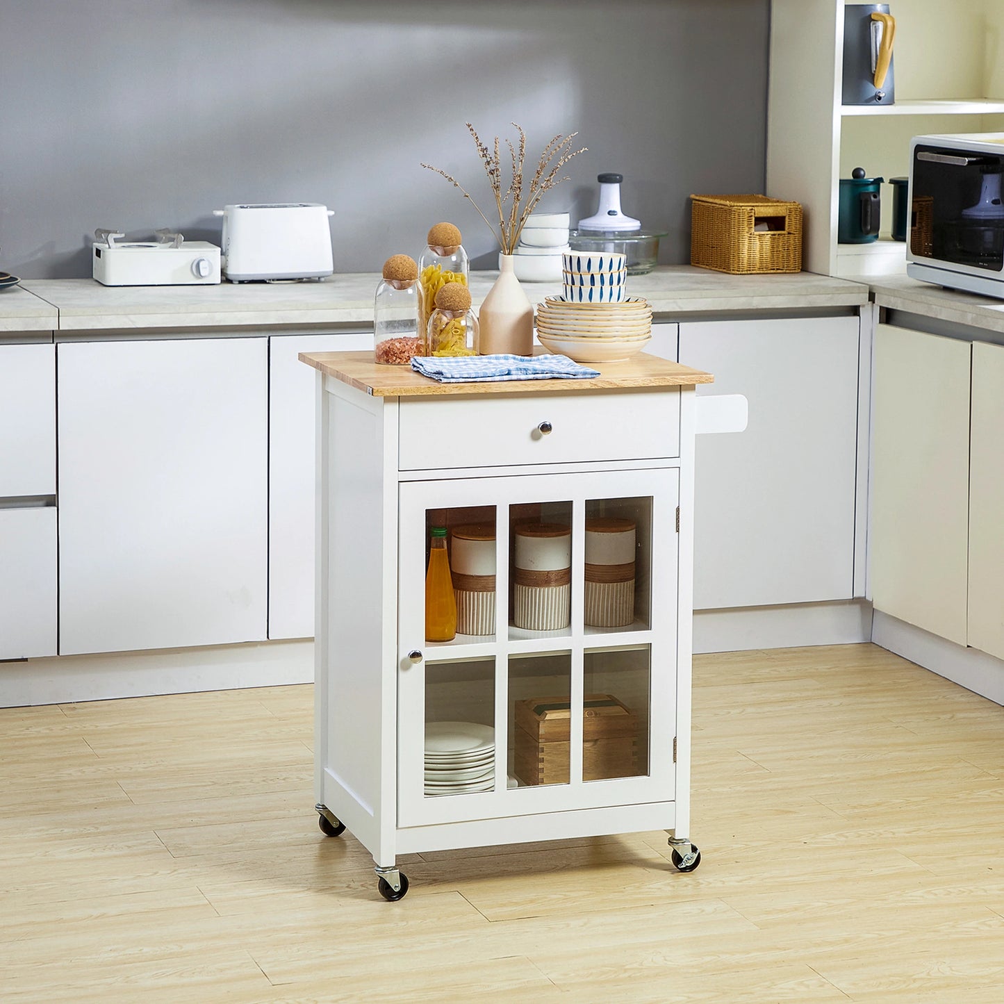 Rolling Kitchen Cart with Drawer and Glass Door Cabinet, Kitchen Island on Wheels with Towel Rack, White