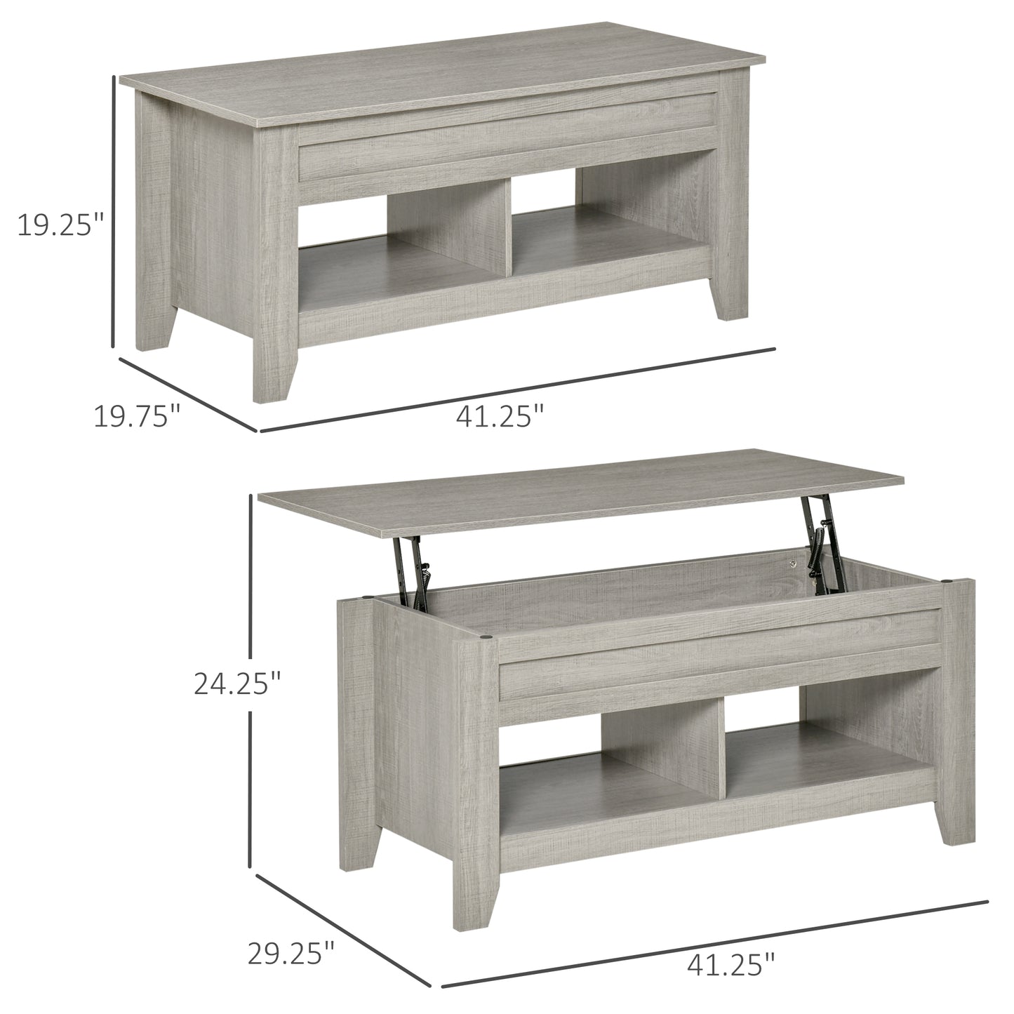 Coffee Table with Hidden Storage Compartment and Open Shelves, Lift Tabletop Pop-Up Center Table for Living Room, Light Grey