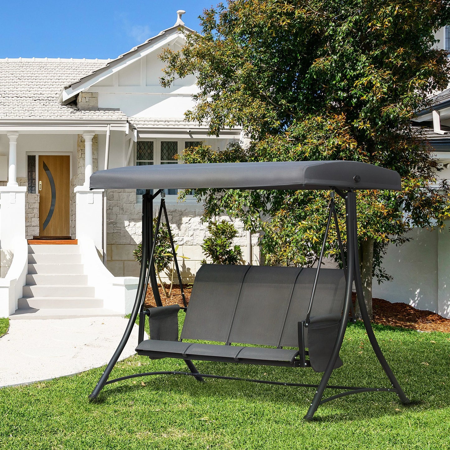 Outsunny 3 Person Porch Swing Chair with High Back Design, Side Pouches and Adjustable Canopy Outdoor Patio Dark Grey