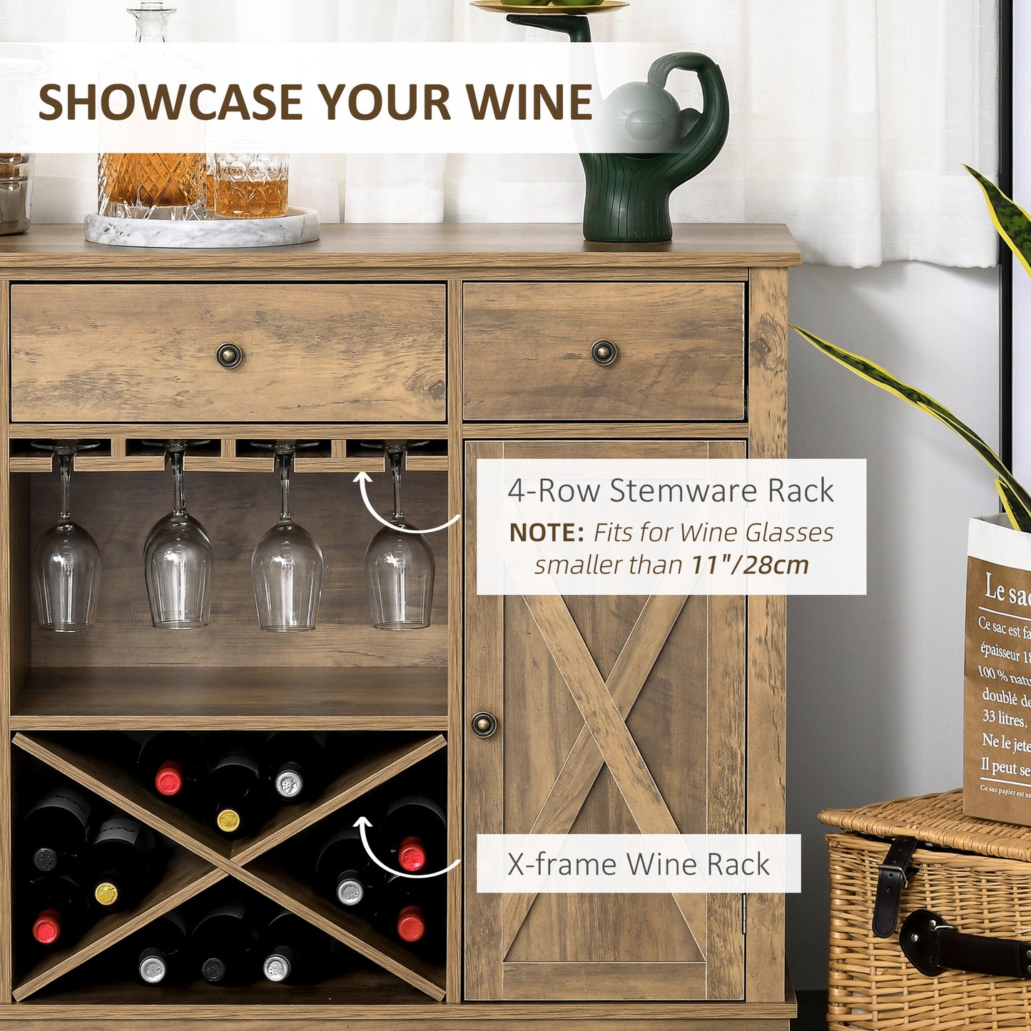 Farmhouse Sideboard Buffet Table Storage Cabinet with 3 Drawers, X-Shaped Wine Rack, Steamware Holder and Cabinets