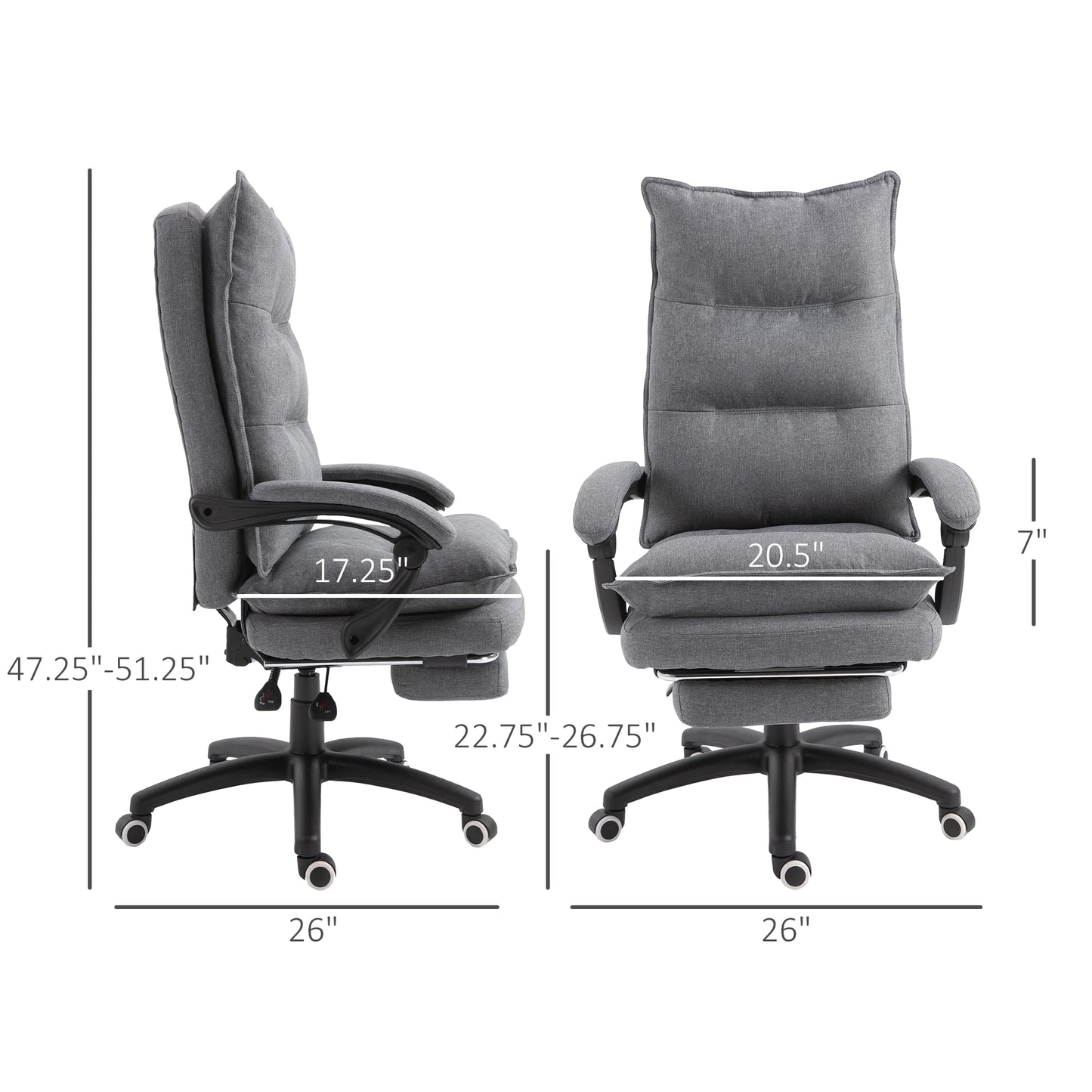 Office Chair 360° Swivel Adjustable Height Linen Style Fabric Recliner with Retractable Footrest and Double Padding, Grey