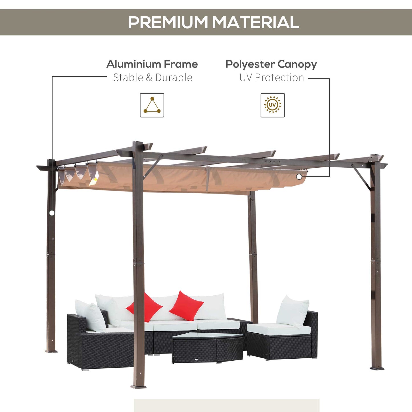 10' x 10' Aluminium Outdoor Pergola Gazebo Backyard Canopy Cover Square Sunshade Garden Grape Trellis Coffee