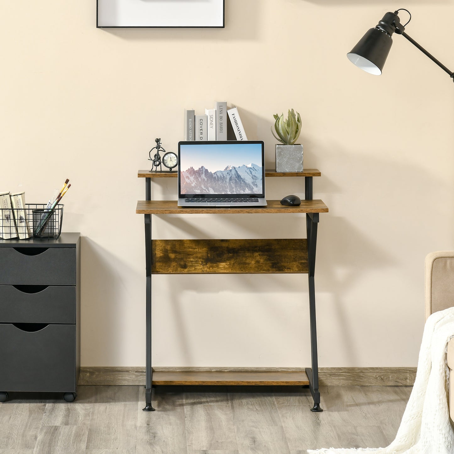 28" Compact Computer Desk, Industrial Z-Shaped Writing Desk with Monitor Shelf and Storage, Workstation for Home Office