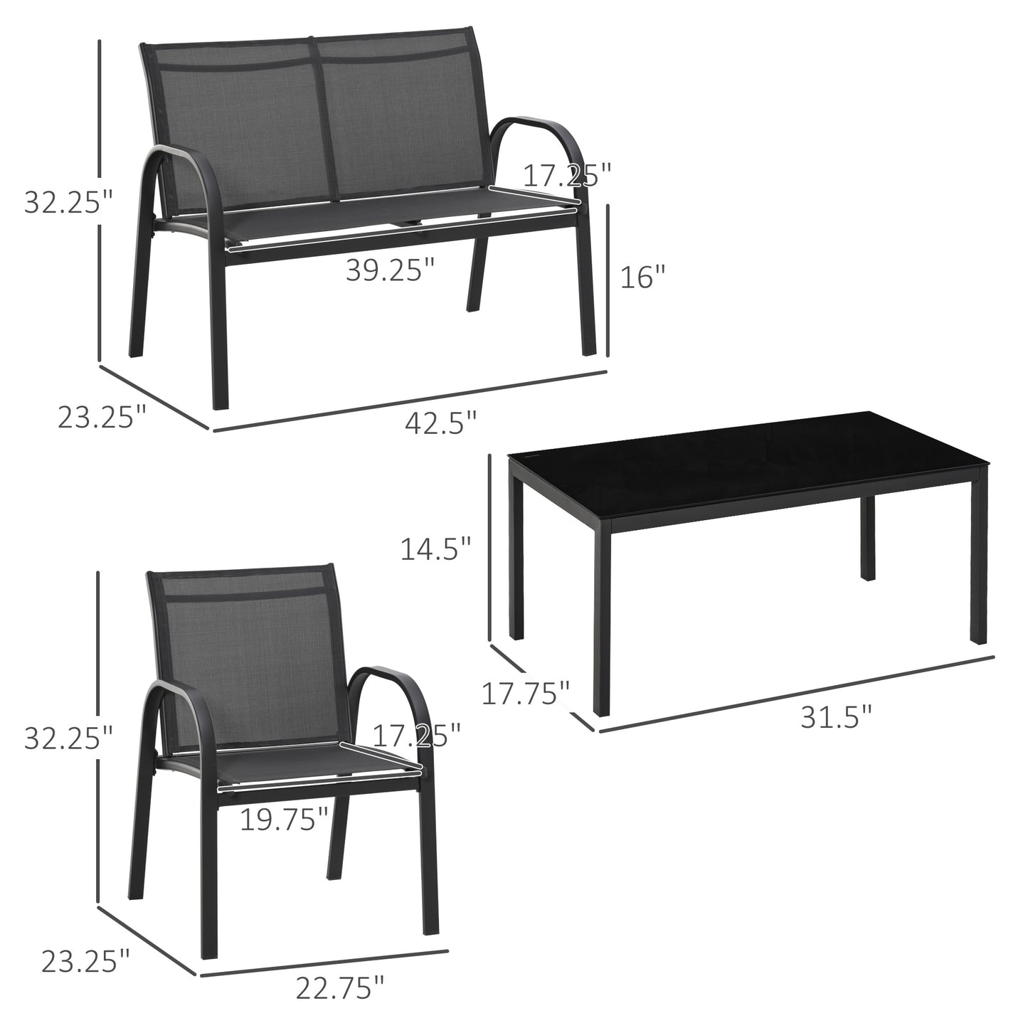 Outsunny 4-Piece Patio Furniture Set Garden Conversation Set with Loveseat, Single Chairs and Coffee Table for Backyard Poolside Balcony