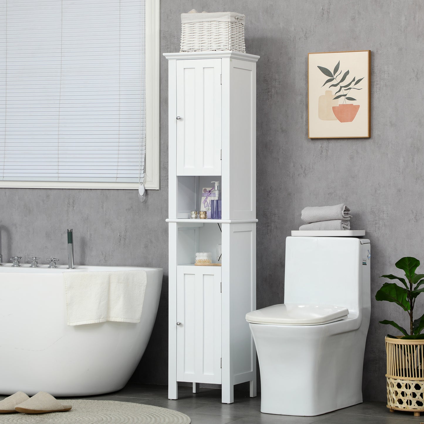 Bathroom Cabinet, Freestanding Linen Cabinet with Open Shelves and Cupboards, 13.8" x 11.8" x 62.4", White