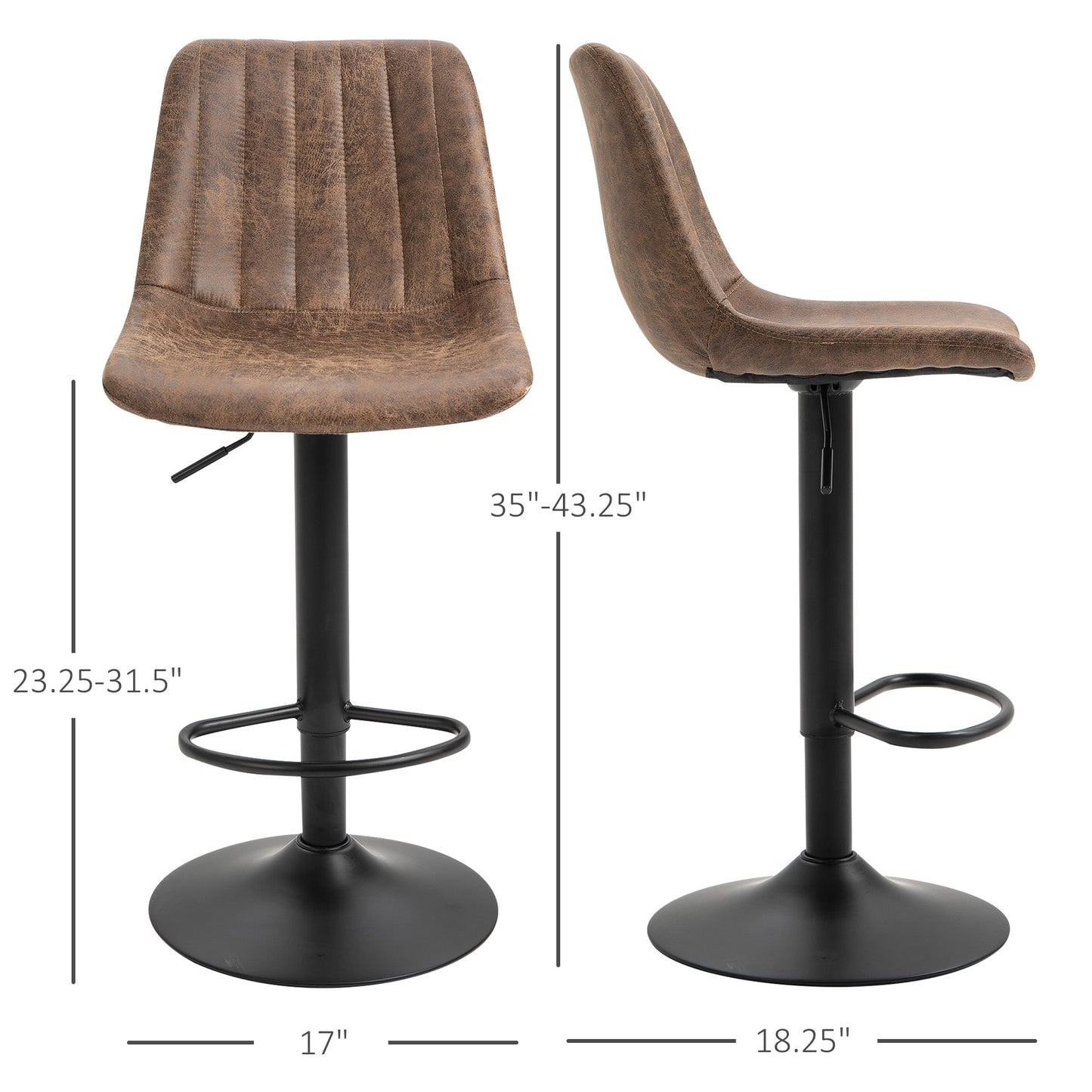 Barstools 2 Piece Adjustable Height Dining Counter Chair 360° Swivel with Footrest for Home Pub, Brown