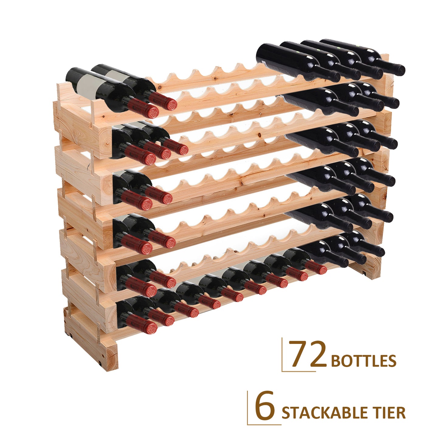 Wood Wine Rack 72 Bottles Holder 6 Tier Stackable Storage Stand