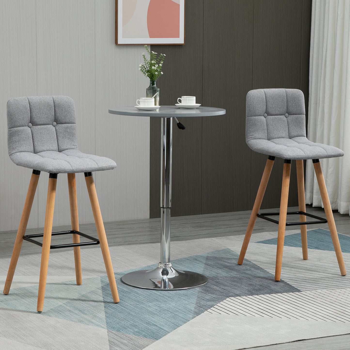 Modern Bar Stools Set of 2, 38" Upholstered Kitchen Island Stool with Solid Wood Legs, Backrest and Steel Footrest for Dining Room, Kitchen Counter, Grey