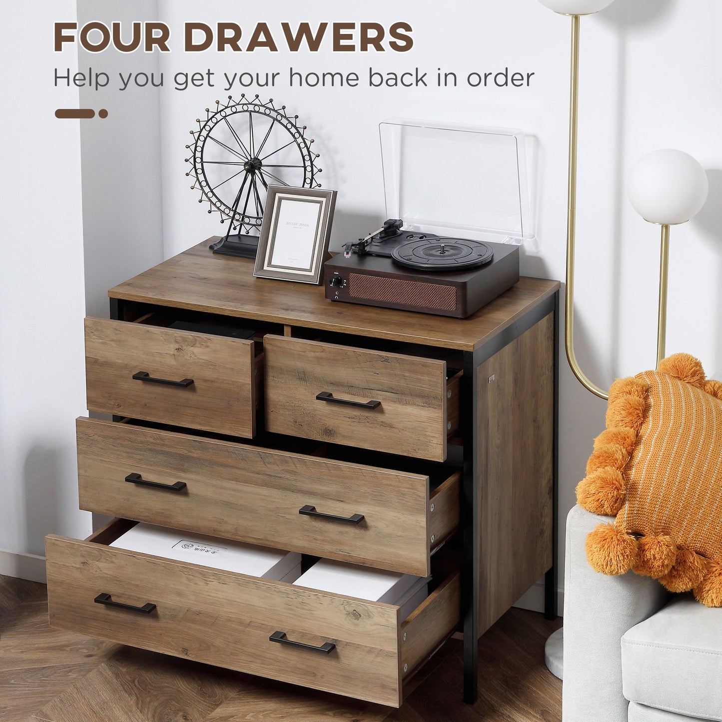 4 Drawer Dresser, Chest of Drawers with Metal Frame and Handles for Living Room, Brown