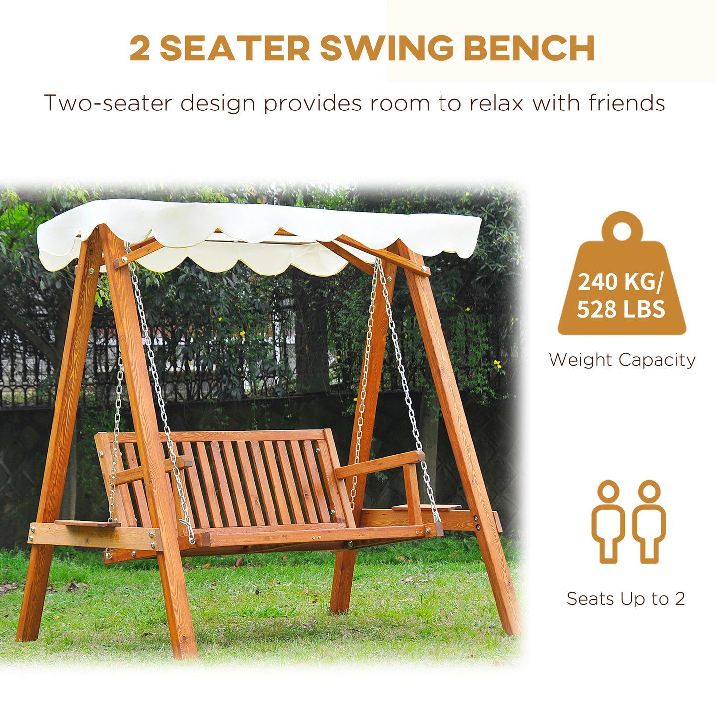 Outsunny 65" Patio Swing Chair with Canopy Outdoor Wooden Swing Bench Hammock for Garden, Poolside, Backyard