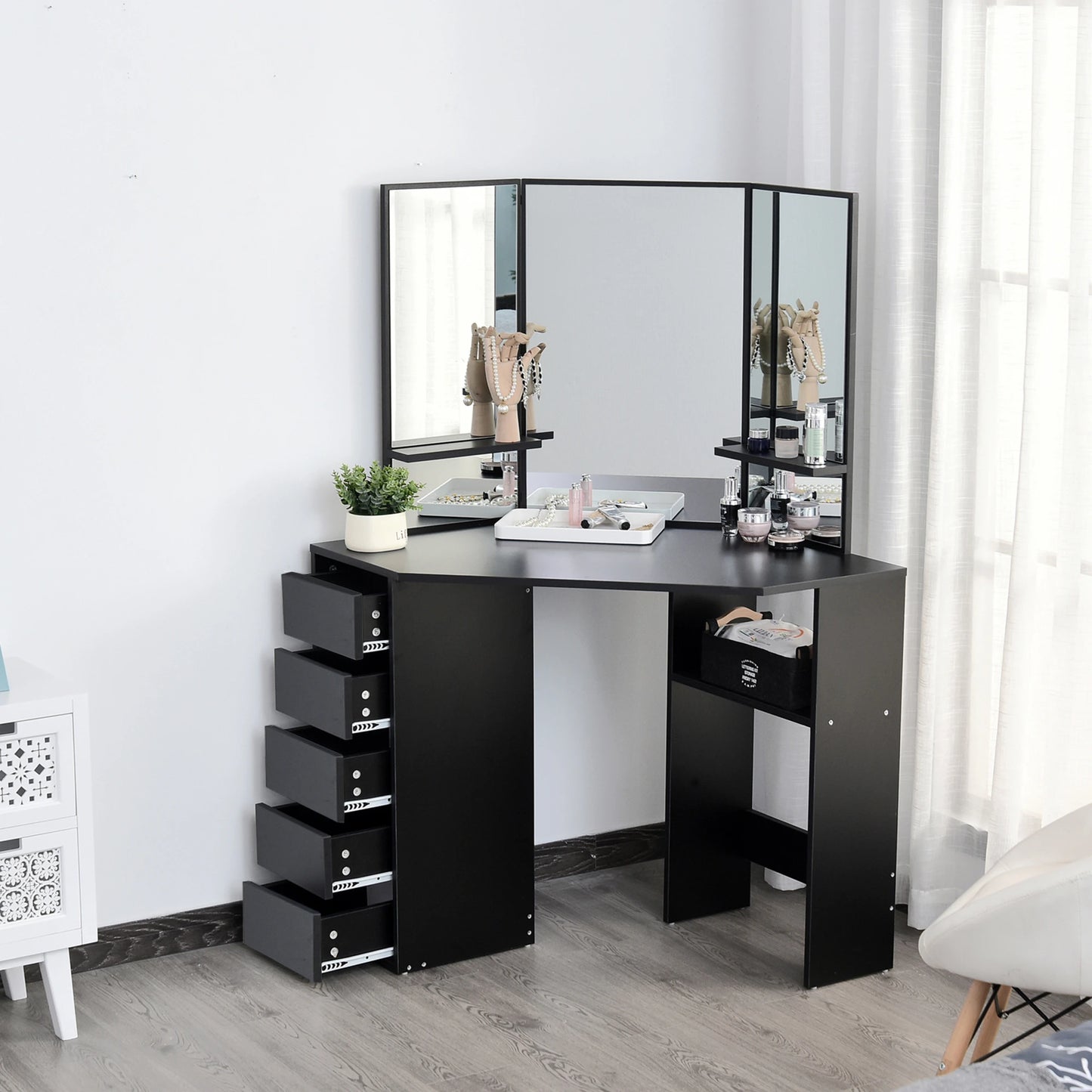 Corner Vanity Table, Makeup Desk with Three-Fold Mirror and 5 Drawers, Black