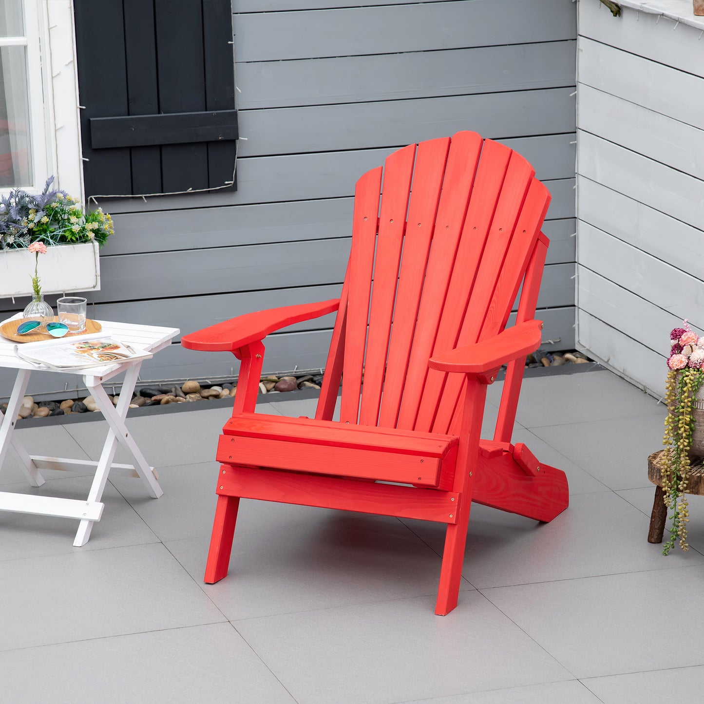 Outsunny Folding Adirondack Chair with Ottoman, Outdoor Wooden Lounger for Patio, Porch, Poolside, Garden, Red