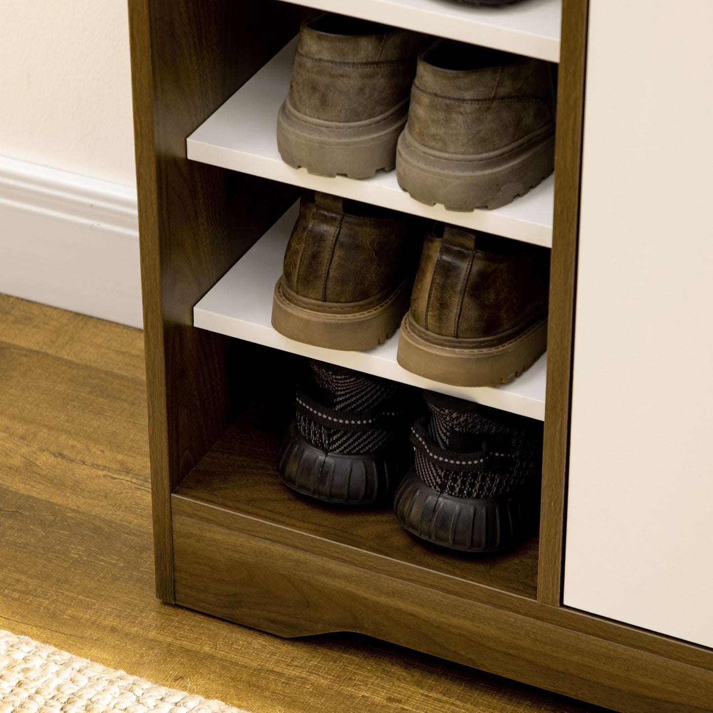 Shoe Storage with Double Doors and Open Shelves 13 Pair Shoe Storage Organizer for Entryway Hallway Brown and White