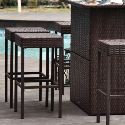 5 Pieces Patio Bar Set Rattan Bistro Set Garden Wicker Barstool and Table Outdoor Furniture Dinning Set, Dark Brown