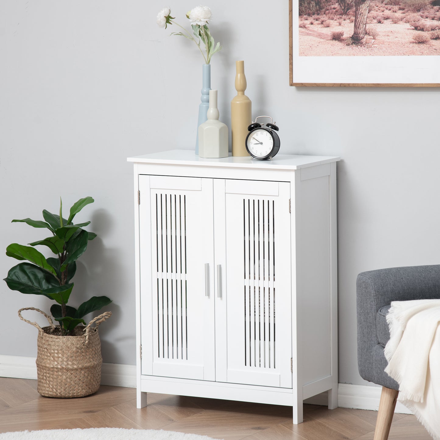 Modern Bathroom Floor Cabinet, Free Standing Linen Cabinet, Storage Cupboard with 3 Tier Shelves, White