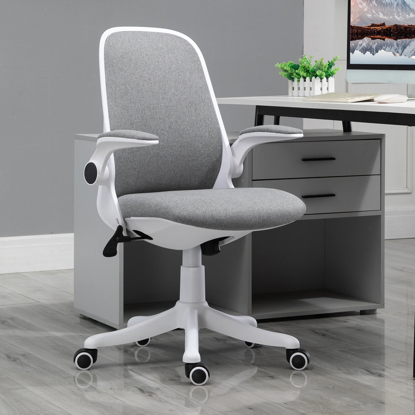 360° Swivel Task Desk Office Chair Breathable Fabric Computer Chair with Flip-up Arms and Adjustable Height, Grey