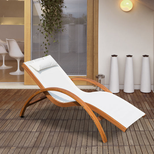 Outsunny Outdoor Wood Sling Chaise Lounge Reclining Garden Mesh Lounger Patio Chair with Headrest Cream