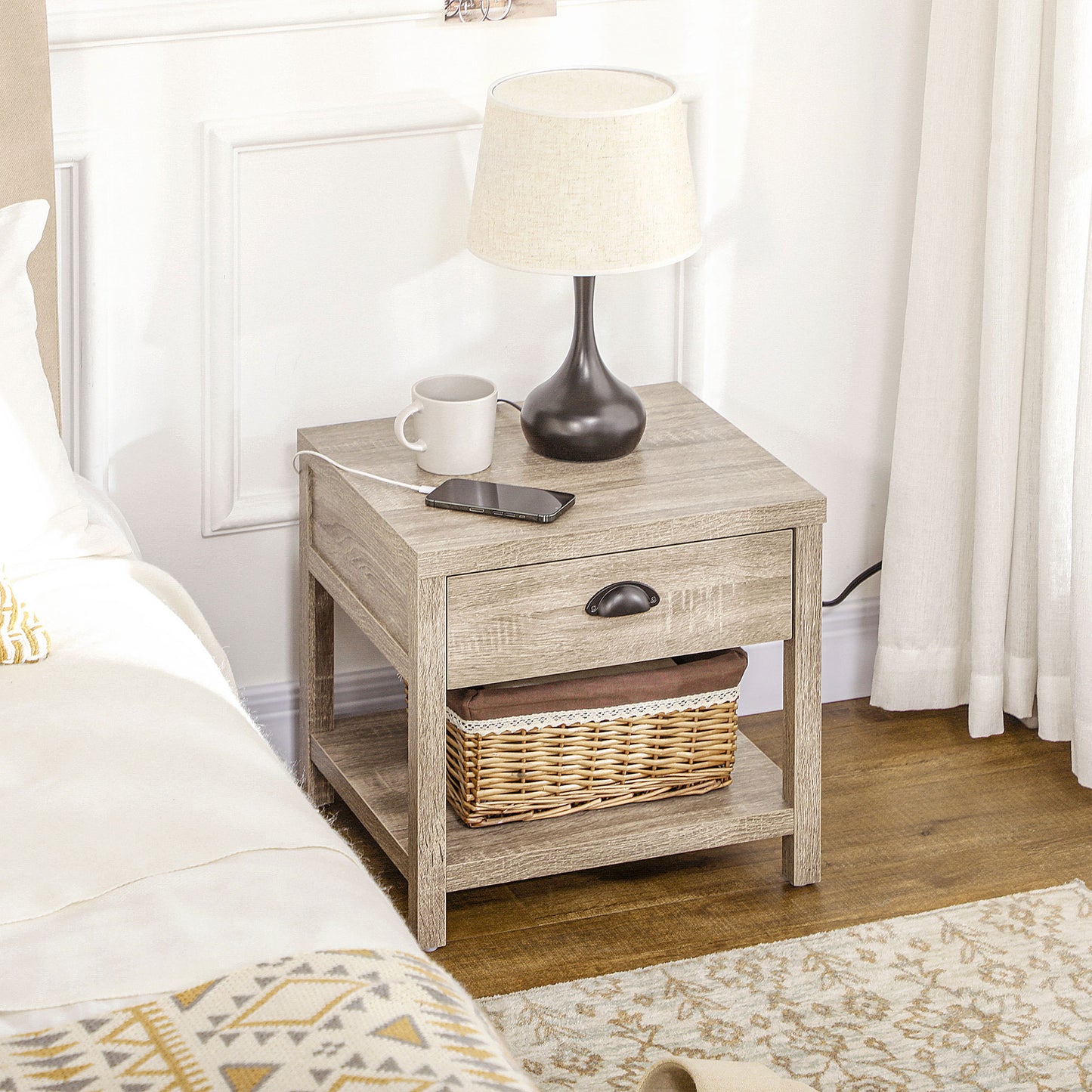 Bedside Table, Side End Table with Charging Station, Drawer and Shelf for Bedroom, 17.7" x 15.7" x 18.1", Oak Tone