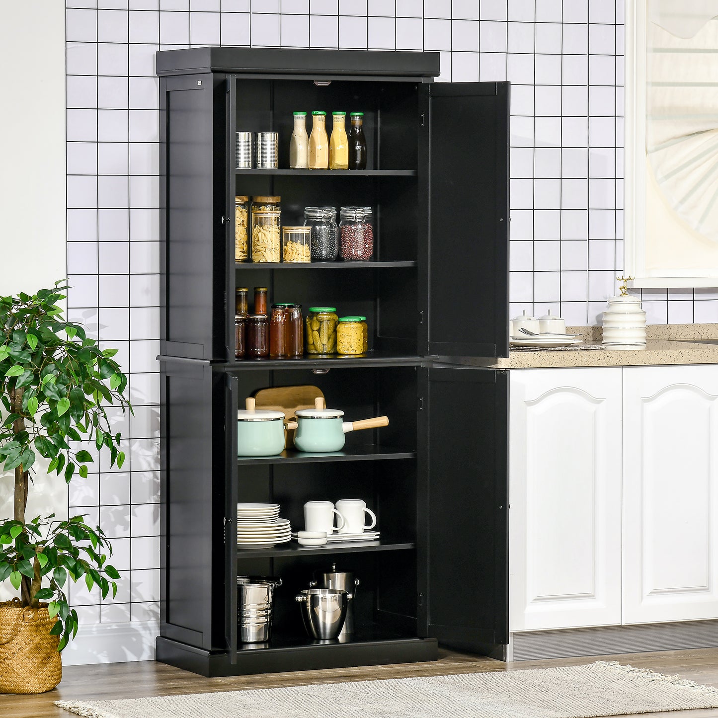 Freestanding Modern 4 Door Kitchen Pantry, Storage Cabinet Organizer with 6-Tier Shelves, and 4 Adjustable Shelves, Black