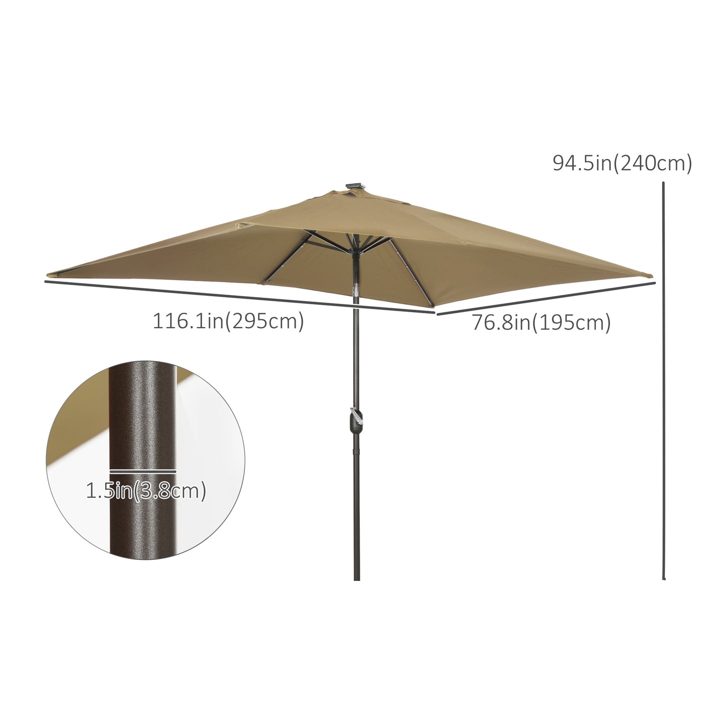 Outsunny 6.5x10ft Patio Umbrella Rectangle Solar Powered Tilt Aluminum Outdoor Market Parasol with LEDs Crank (Light Coffee)