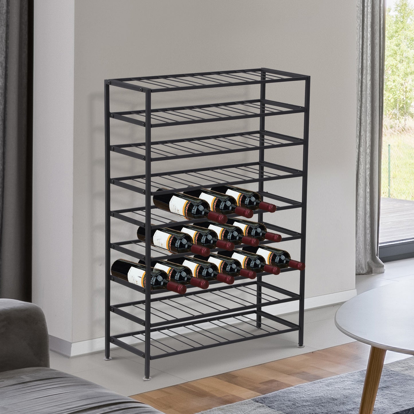 9-Tier Metal Wine Bottle Rack 54 Bottles Freestanding Wine Storage Holder Home Bar Wine Display Stand, Black