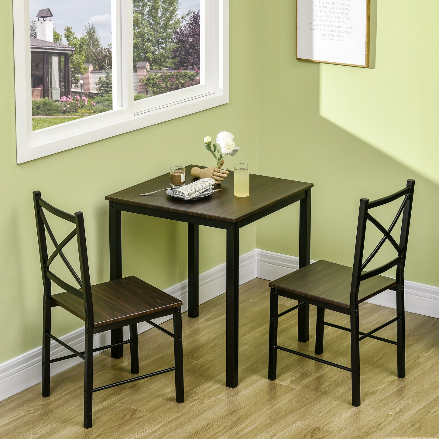 Industrial Dining Table Set of 3, Square Kitchen Table with 2 Chairs Steel Frame Footrest for Small Space, Dark Coffee