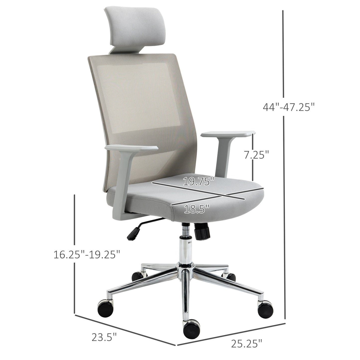 High Back Office Chair Swivel Task Chair with Lumbar Back Support, Breathable Mesh, and Adjustable Height, Headrest, Grey