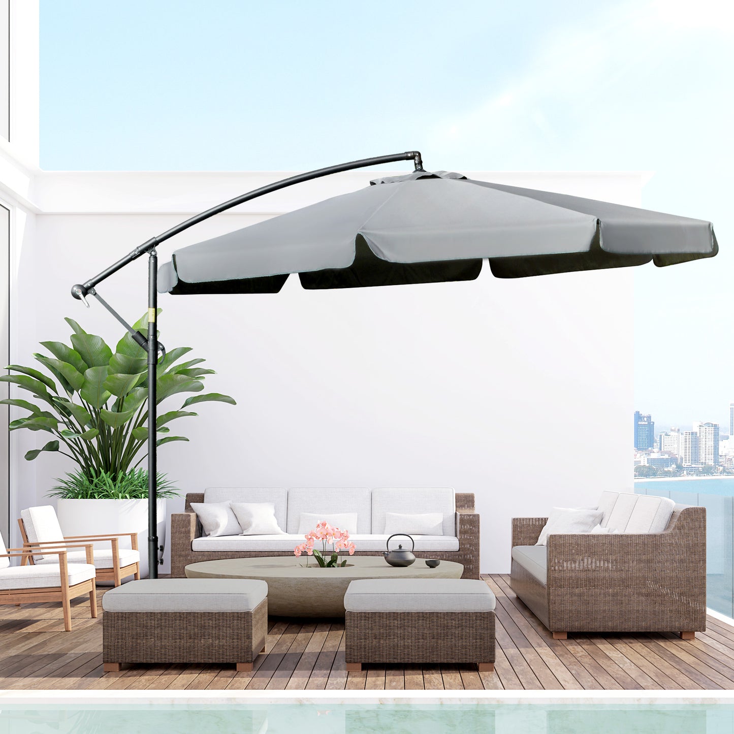 Outsunny 11FT Offset Hanging Patio Umbrella Cantilever Umbrella with Easy Tilt Adjustment, Cross Base and 8 Ribs for Backyard, Poolside, Lawn and Garden, Dark Grey