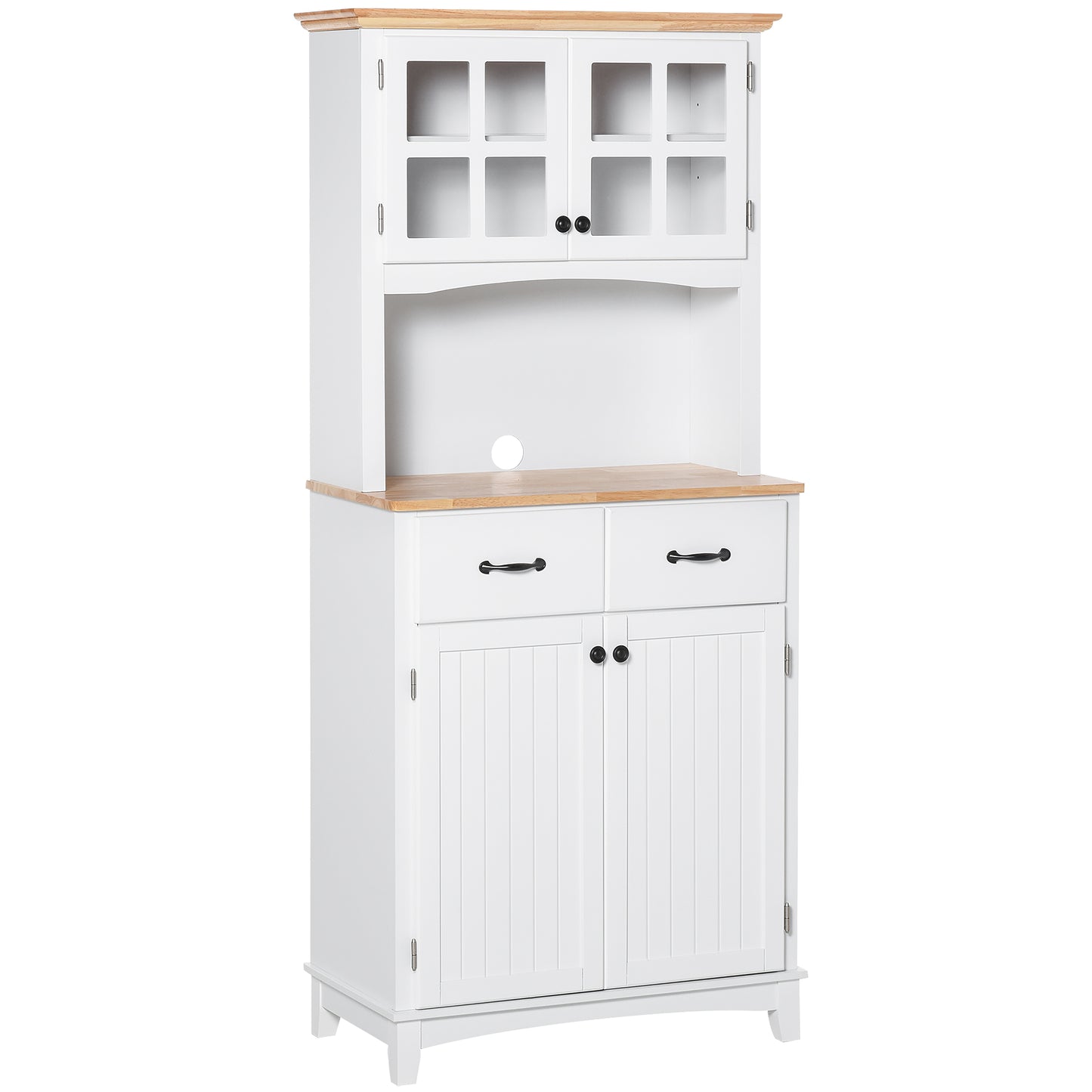 Coastal Style Kitchen Buffet and Hutch Wooden Storage Cabinet with Framed Glass Door Drawers Microwave Space for Dining Room Living Room White