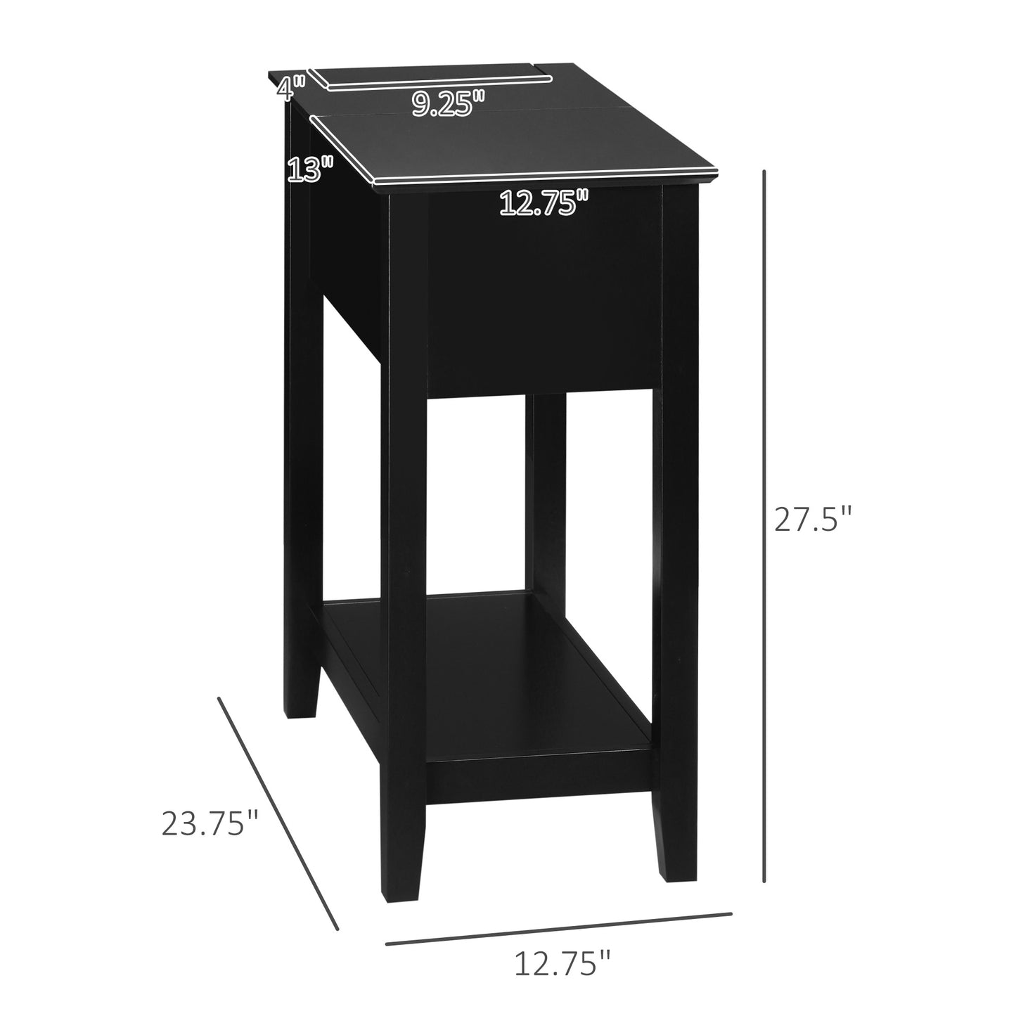 Flip Top End Table, Side Table with Storage Shelf and Cable Management, Narrow Nightstand for Living Room, Bedroom, Black