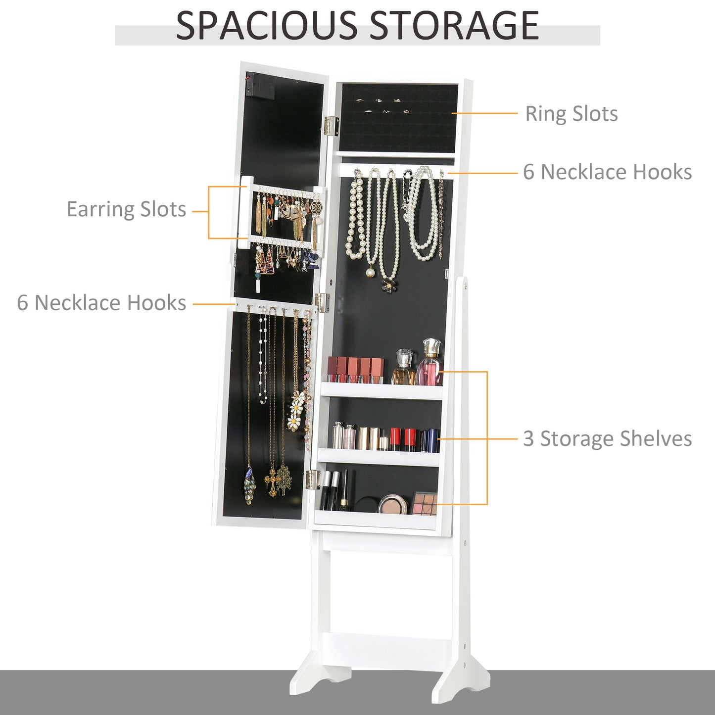 Lighted Mirrored Jewelry Cabinet Floor Free Standing Armoire Organizer Storage Necklaces Bracelets Rings Earrings Angle Adjustable w/16 LED Lights White