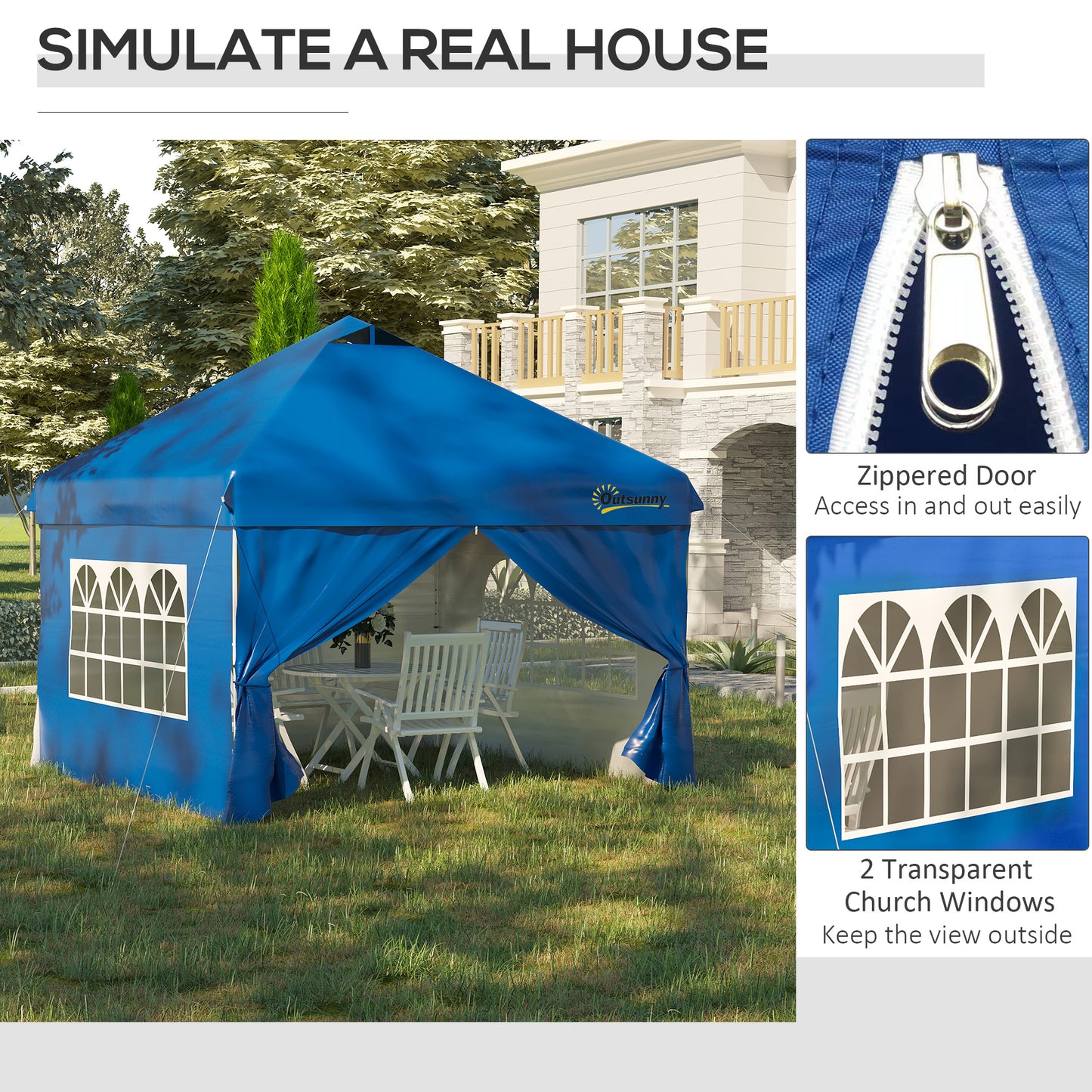 10' x 10' Pop Up Canopy Tent, Instant Shelter Tent with Sidewalls, Windows, Roller Bag and Sand Bags for Garden, Patio, Blue