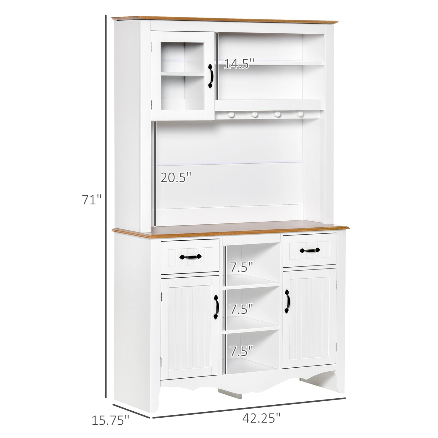 71" Kitchen Buffet with Hutch, Farmhouse Style Storage Cupboard with Utility Drawer, 3 Door Cabinets and 5-tier Shelves, White